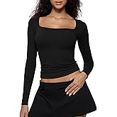 ENERFUL Women's Square Neck Long Sleeve T Shirts Sexy Slim Fit Crop Tops Basic Tees