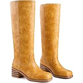 Migpuel Banana Knee High Boots for Women Square Toe Chunky Block Heel Riding Boots Comfortable Low Heel Casual Wide Calf Tall Campus Boots