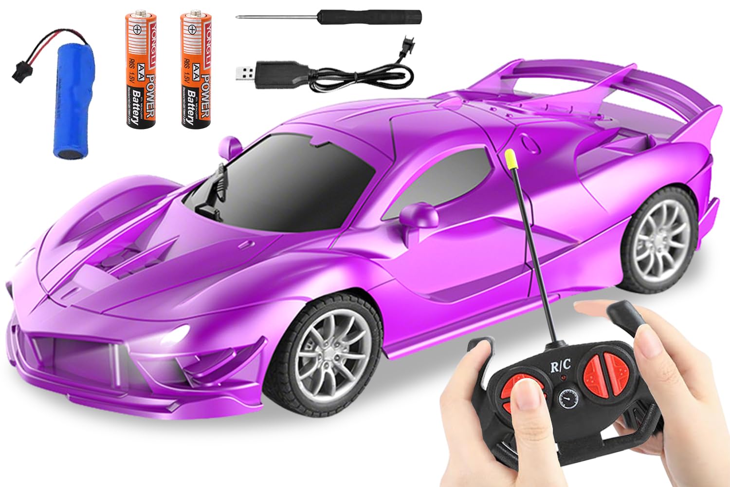 HATFRYF Remote Control Drift Car, 1:18 Remote Control Car for Kids, Cool RC Race Cars, 20KM/H 4WD High Speed RC Cars with LED Lights - Driftable, Gifts for Kids Boys Purple