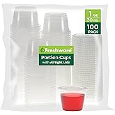 Freshware Plastic Portion Cups with Lids [1 Ounce, 100 Sets] Disposable Plastic Cups for Meal Prep, Salad Dressing, Jellos Shot Cup, Condiment and Dipping Sauce Cup