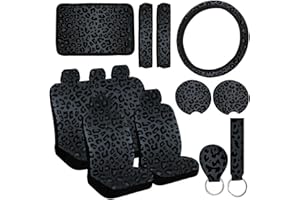 JINGSEN 15 Pcs Black Leopard Print Printing Car Steering Wheel Cover Center Console Armrest Pad Headrest Seat Belt Cover Handbrake Cover Keychain Coaster Full Set Car SUV