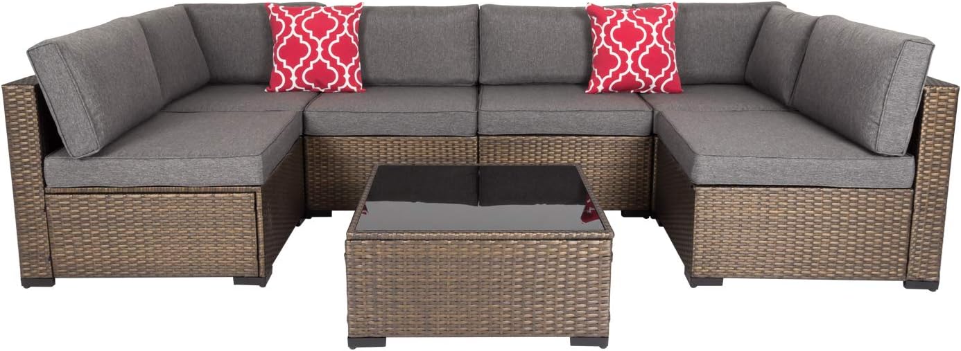 Kinsunny 7 Piece Outdoor Patio Furniture Set Wicker Sectional Sofa with 2 Pillows and Tea Table Patio Rattan Conversation Chair Sofa Set: Garden & Outdoor