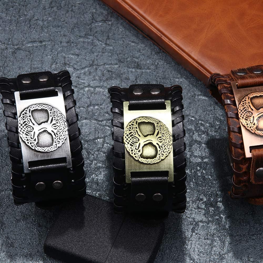Genuine Leather Wide Wristband Tree of Life Fashion Design Bangle Bracelet Cuff for boy and Men, Black - Image 5