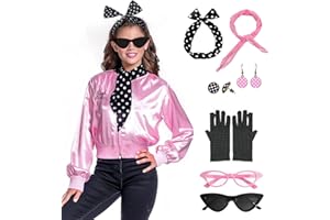 FAYBOX Pink Satin Ladys Jacket 50s Outfit Costume for Women,Halloween Costumes Accessories Adults