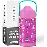 NEBADO Kids Stainless Steel Insulated Water Bottle with Straw 12oz - Leak Proof Toddler Insulated Cup for School, BPA Free with Handle & Non-Slip Silicone Base, Dishwasher Safe, Whimsical Pink