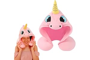 ASTRA VENA Hooded Pillow - Cozy Travel Companion for Kids Sleep Support, Neck Comfort, Car Rides, Airplane Trips. Soft Unicorn Design with Plush Hood 12 x 8 (Pink)