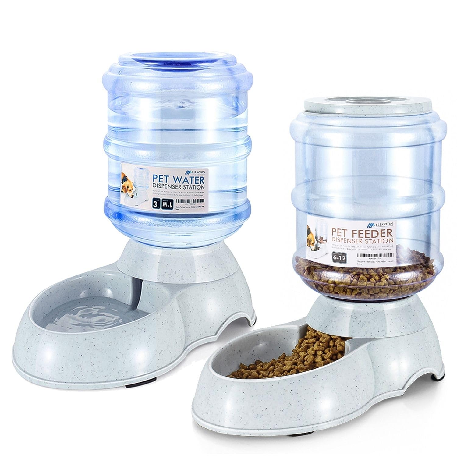 Flexzion Gravity Pet Food Water Feeder Dispenser Bundle Set (Large) for Dogs Cats Automatic Replenish Waterer Dry Food Storage Container Bowl, Small Medium Dog Cat Feeding Watering Fountain Supplies