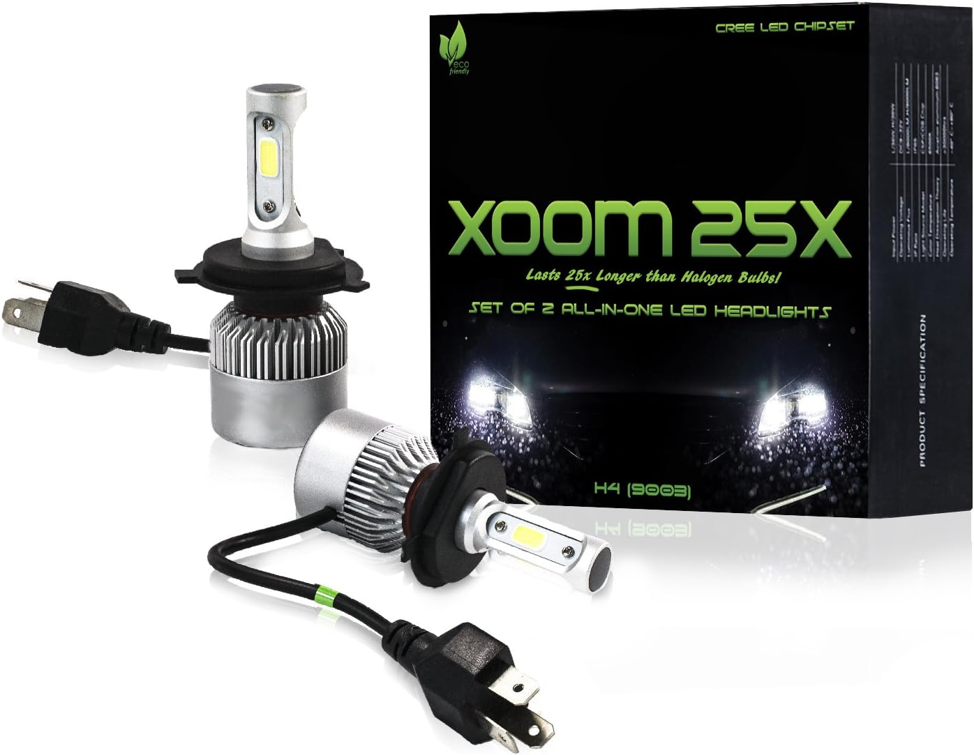 LED HEADLIGHT KIT H4 - (9003/HB2) 8000 lumen ALL-IN-ONE Conversion Kit Bulbs Hi/Lo BeamLED. Eco-Friendly CREE LED, 6500k Brighter Than Daylight Ultra-White, Easy Install, 2-Yr Warranty
