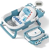 Collapsible Baby Bathtub for Newborn, Foldable Baby Bath Tub with Thermometer & Soft Floating Cushion & Drain Hole, Portable 