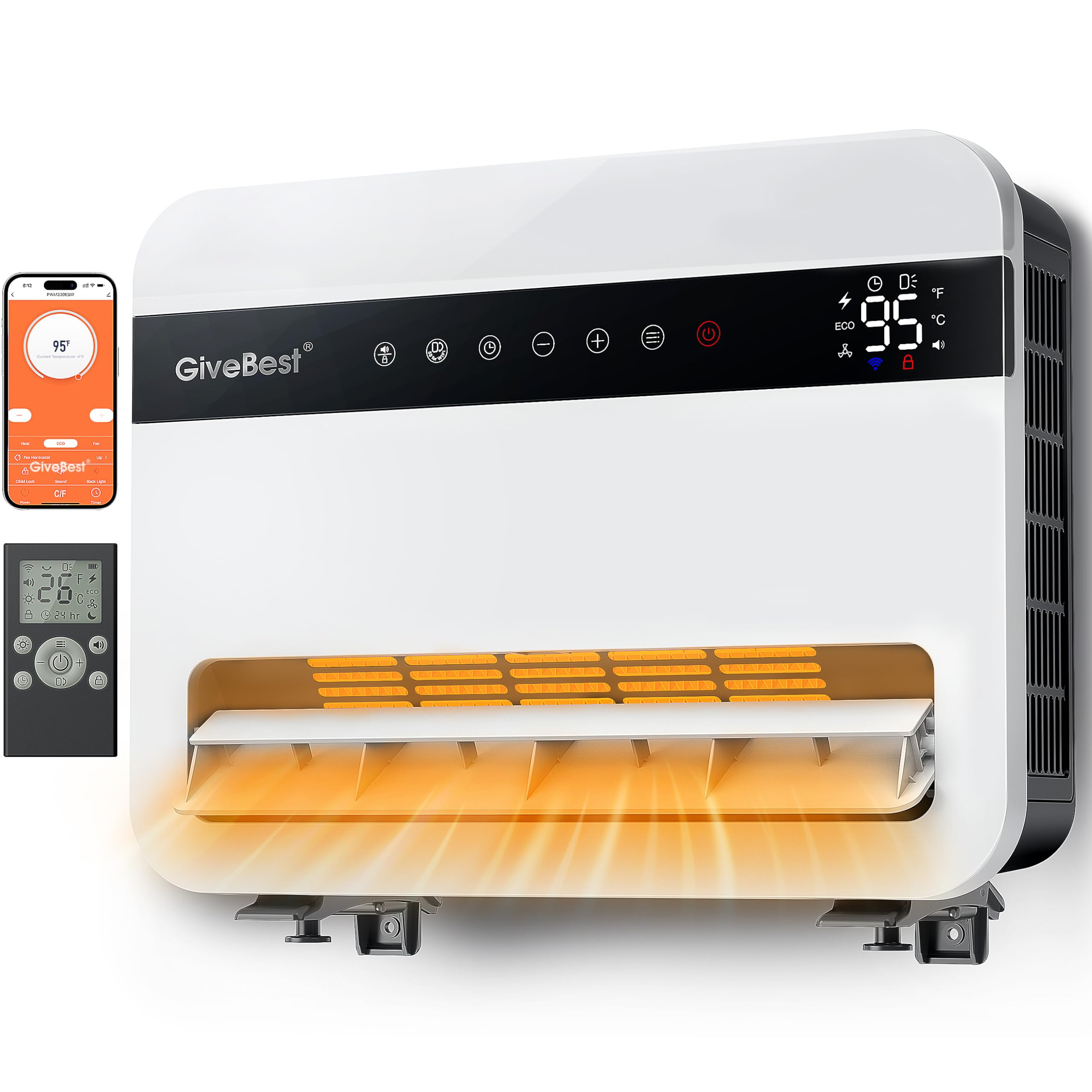 Photo 1 of Givebest-Wall-Heater-for-Indoor-Use, 1500W Electric-Space-Heater, 120°Vertical Oscillation,Compatible with Alexa, Adjustable Thermostat, Remote Control, 24H Timer, Easy-mounted Heater for Indoor Use