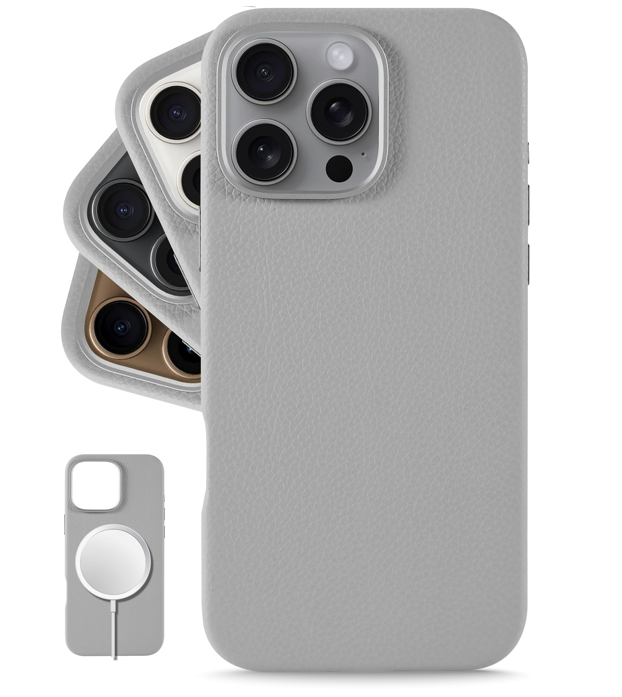 LONLI Urban - for iPhone 16 Pro - European Genuine Pebble Leather Phone Case - European Elegance, Modern Design - [Compatible with Magsafe] - Silvery Grey