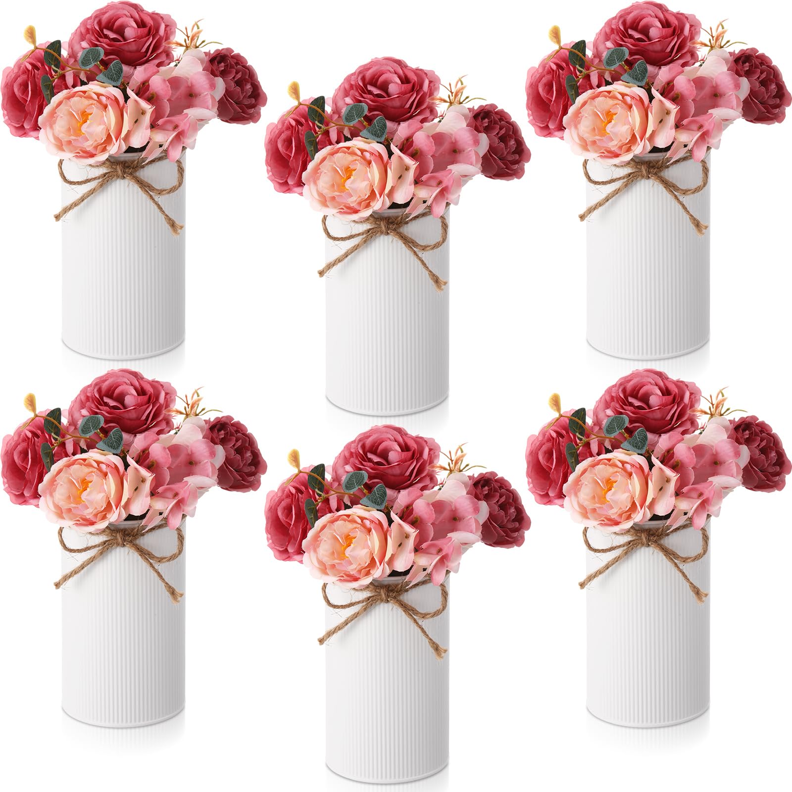 Photo 1 of Domensi 6 Sets Wedding Centerpiece for Table Decoration Dusty Pink Artificial Fake Rose Flower with Metal Vase Faux Silk Rose Bouquet Floral Arrangement for Bridal Shower Home Dining