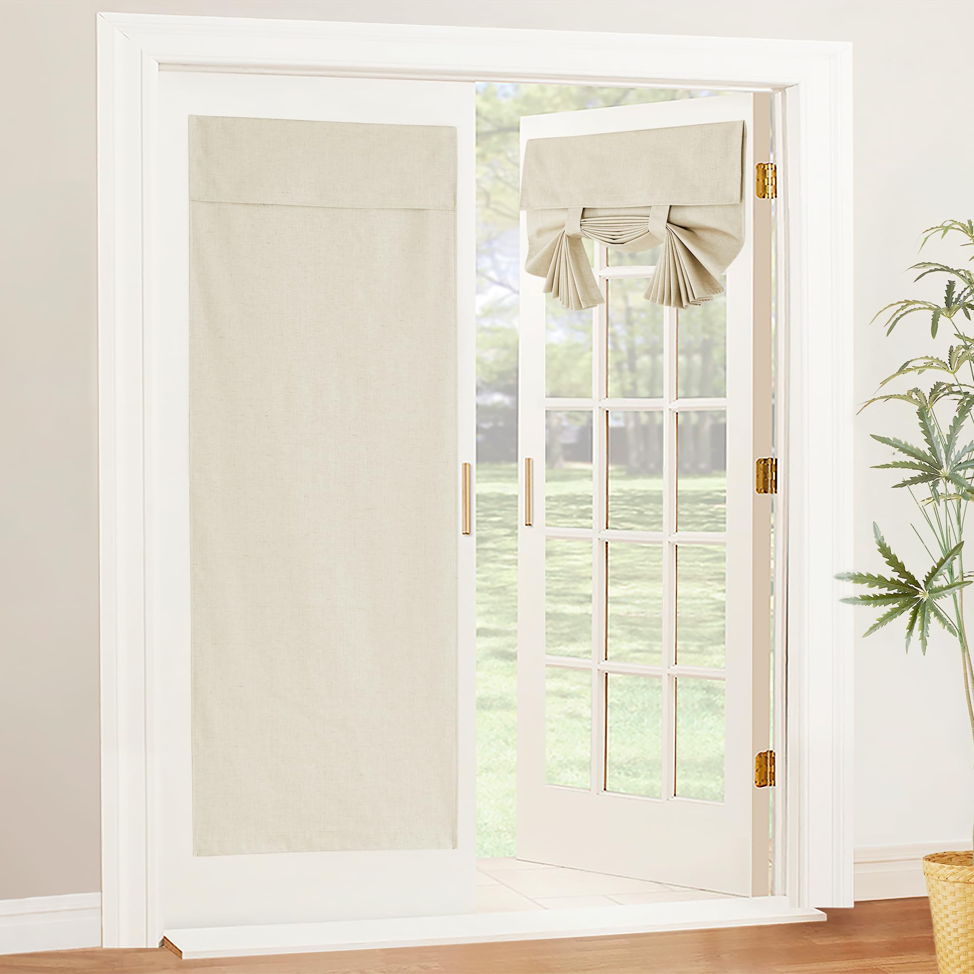 PONY DANCE Light Beige Linen Door Curtain - Full Blackout Thermal Insulated Tie Up Shades for French/Patio/Front Door, Window Curtain with Sticky Strap, W26 x L69 inch, 1 PC