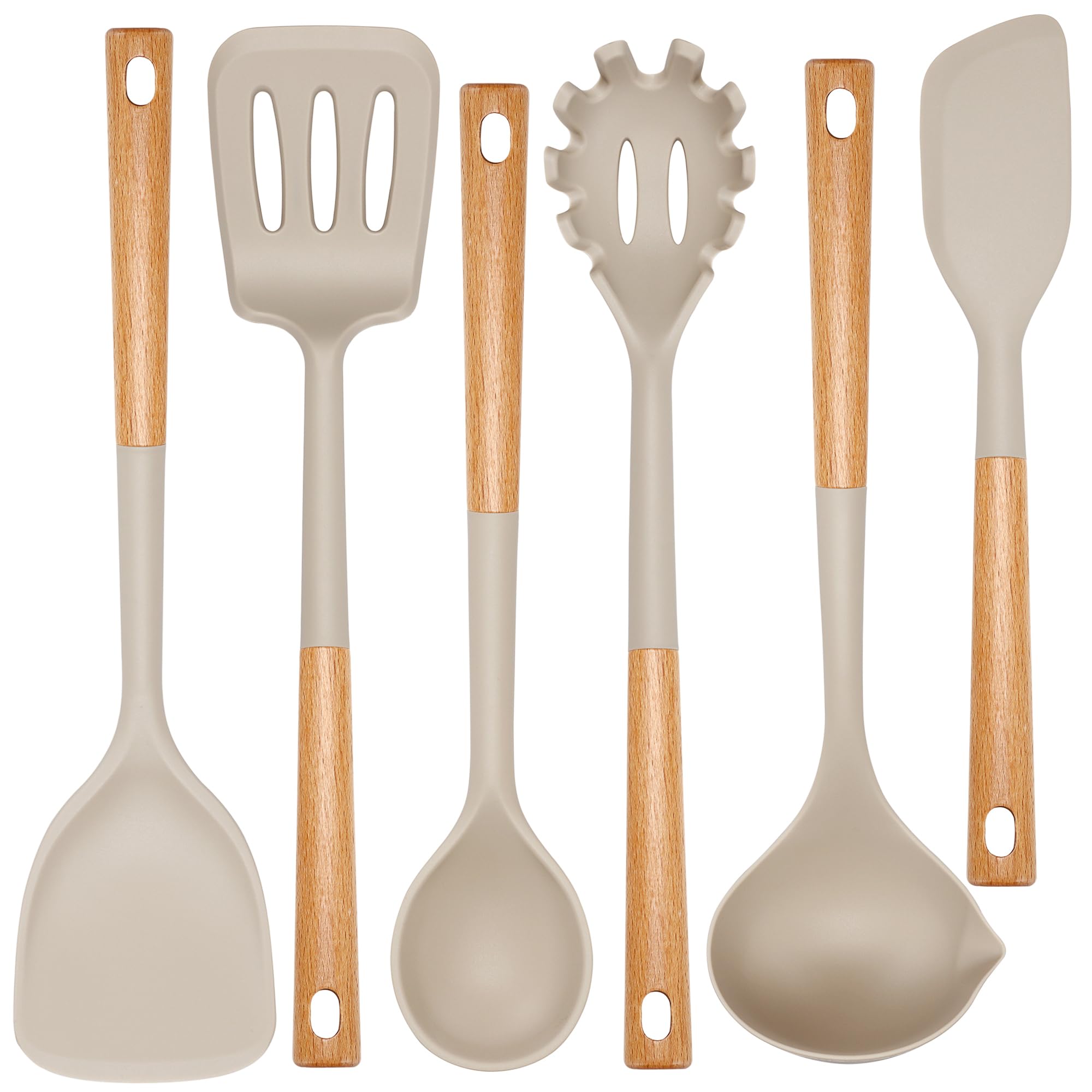 Kitchen Utensils Set, Large Non-stick Silicone Cooking Utensils Set 6 Pcs, Wooden Handle Heat Resistance Silicone Spatula Soup Ladle Pasta Server Kitchen Gadgets Utensils Set BPA Free (Khaki)