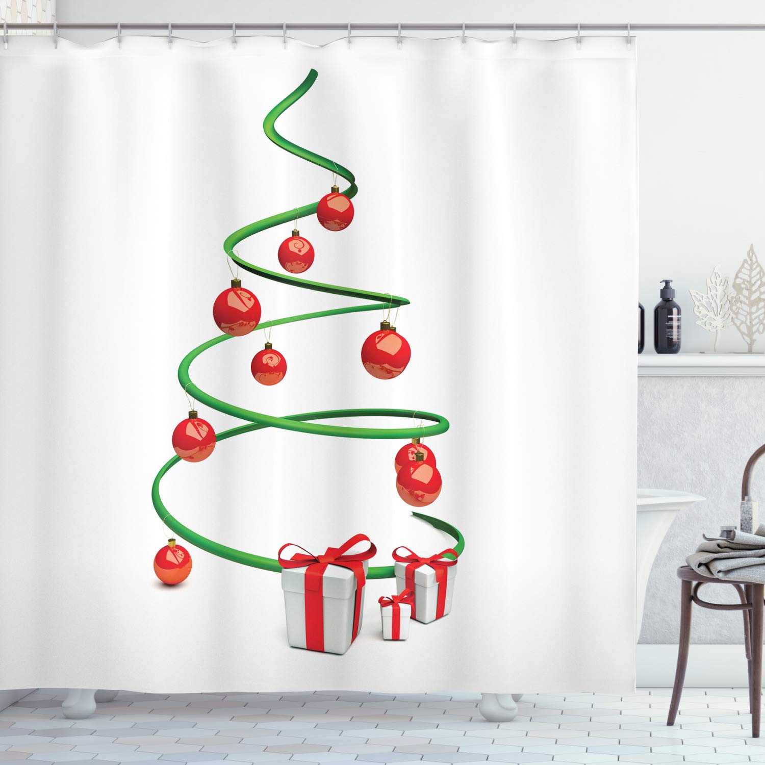 ABAKUHAUS Christmas Shower Curtain, Abstract Xmas Tree Design Baubles and Ribbon Boxes December Ornaments Modern, Cloth Fabric Bathroom Decor Set with Hooks, 175 x 200 cm, Green White Red