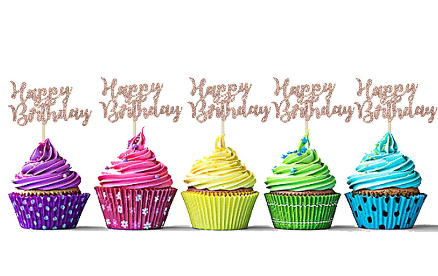 Sumerk 24PCS Glitter Rose Gold Happy Birthday Cupcake Toppers Anniversary Baby Shower Birthday Cupcake Picks Party Decorations Supplies