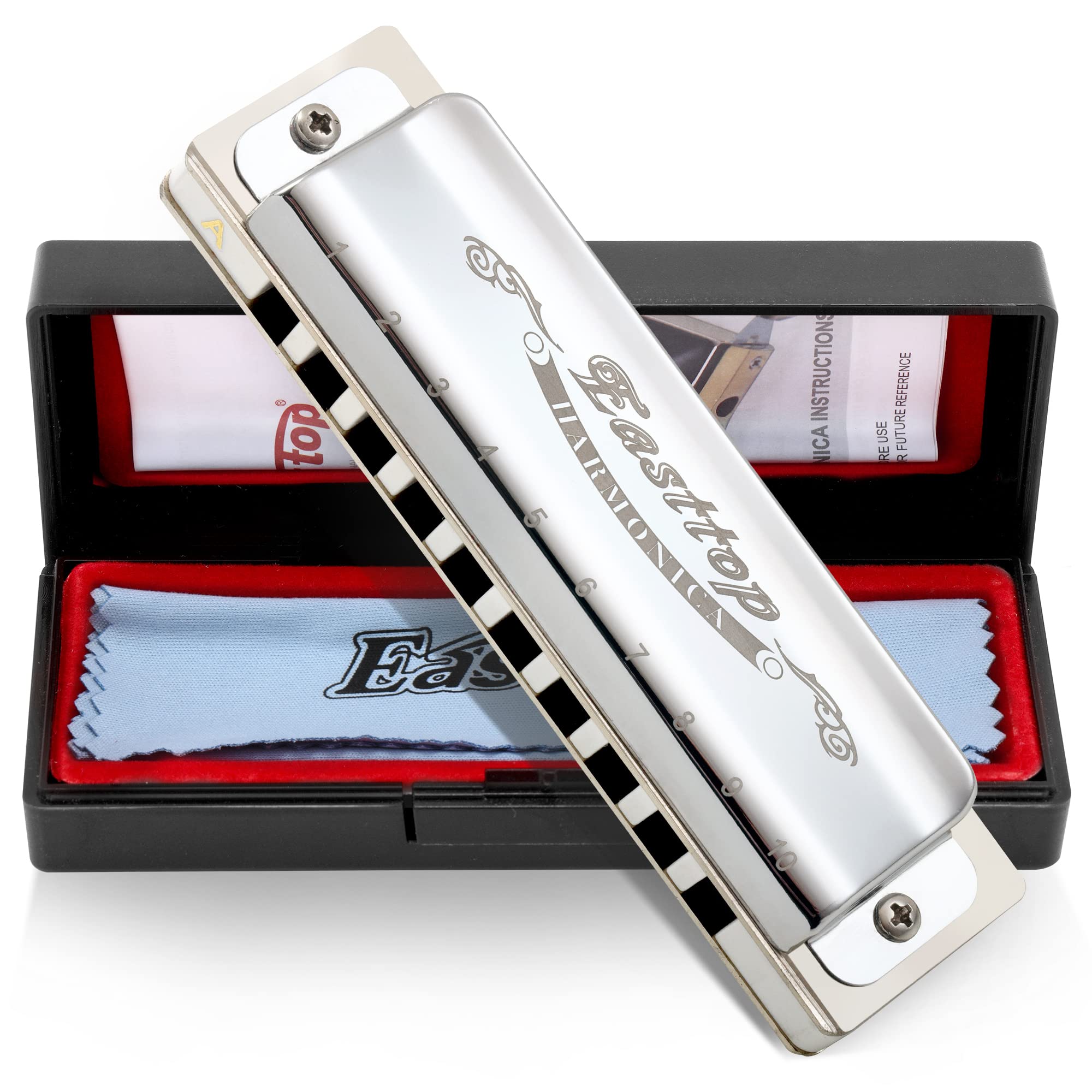 East top Blues Harmonica Key of C, 10 Holes Diatonic Mouth Organ T008, Silver Harmonica For Adults, Professionals and Students
