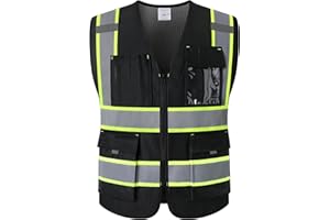 Kazsaifo Hi Vis Safety Vest for Men with 9 Pockets Reflective Mesh High Visibility Construction Vest Meets ANSI/ISEA Standards(KZ176-Black-L)