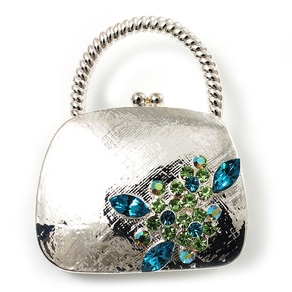 Stylish Crystal Bag Brooch (Rhodium Plated & Light Blue, Light Green)