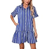 YEXPINE Women's Cotton Linen Ruffle Mini Dress Short Sleeve Button Down Drop Waist Tunic Shirt Dress