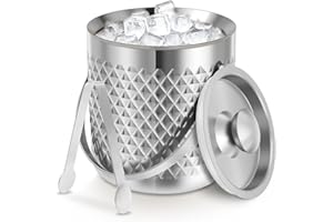 Double Wall Insulated Ice Bucket, 2 L, Diamond-Shaped Exterior Design, Insulated Ice Bucket with Lid and Tongs, Keep Ice Froz