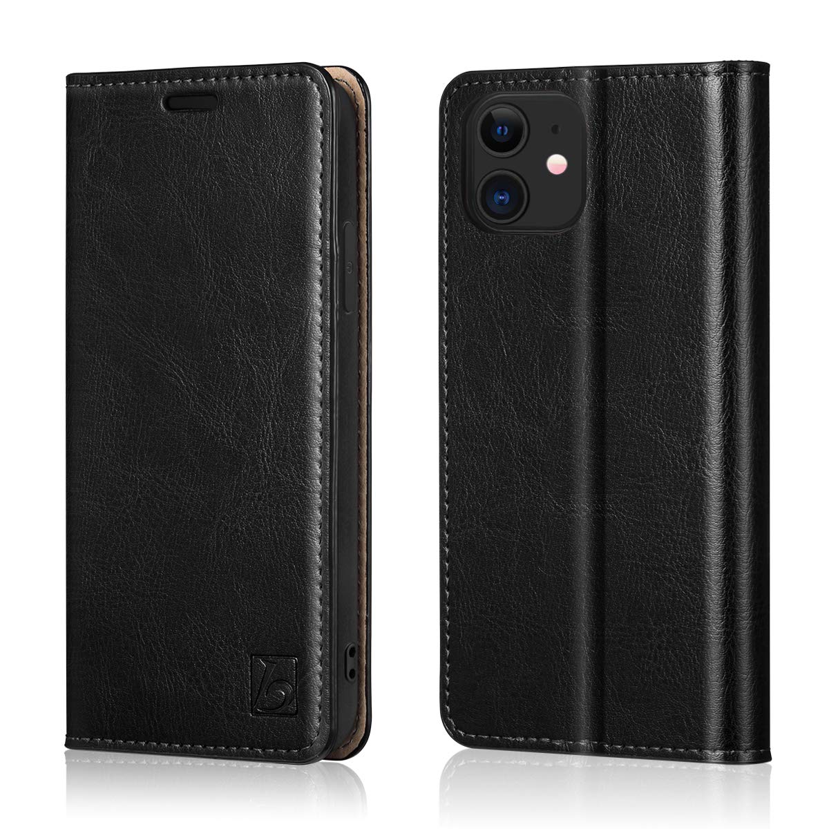 Belemay Compatible with iPhone 12 Mini 5G Wallet Case (5.4" 2020) Genuine Cowhide Leather [RFID Blocking] Credit Card Holder Folio Flip Cover Stand Folding Case, Black