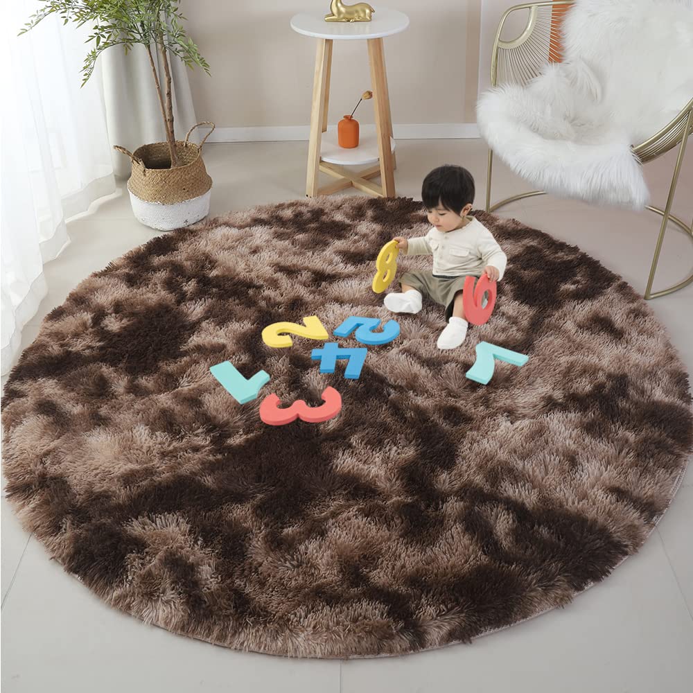 120cm Fluffy Round Area Rug for Bedroom Soft Fuzzy Circle Rug for Kids Girls Baby Room Indoor Plush Circular Nursery Rugs Cute Modern Furry Rugs for Living Room Shaggy Carpet for Bedroom, Coffee