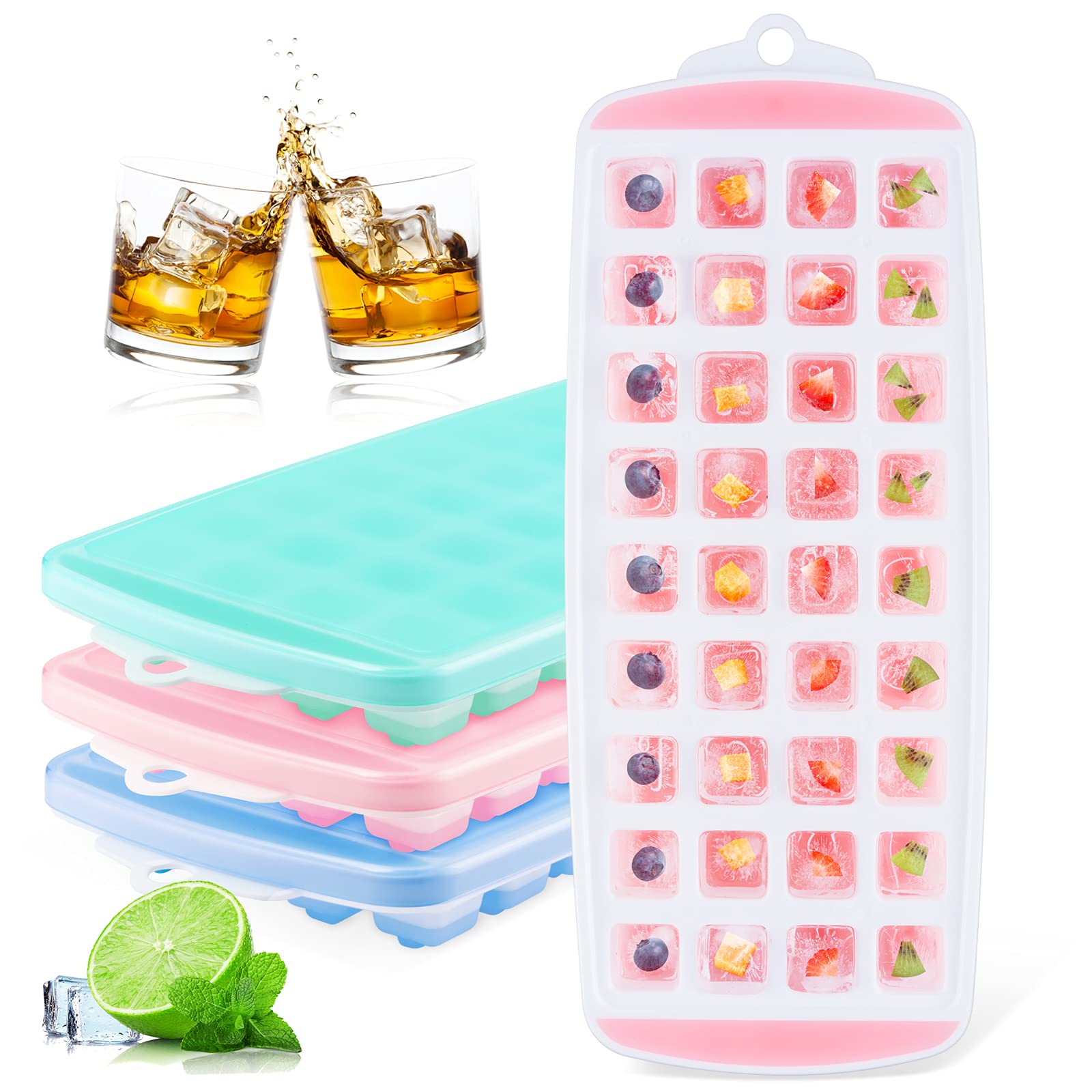 Qoosea Silicone Ice Cube Trays with Lids (3 Pack), Easy-Release and Flexible 36 Ice Cubes Mold with Letter, BPA Free, Durable Stackable and Dishwasher Safe, for Freezer Ice, Baby Food