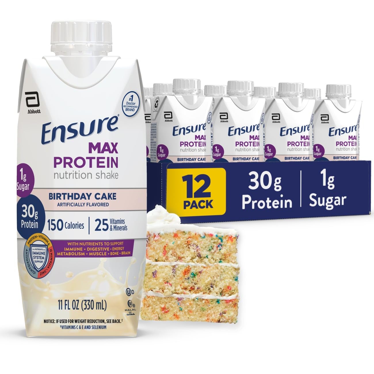 Ensure Max Protein Shake | Birthday Cake | Ready to Drink | 30g Protein for Muscle Health | 1g Sugar, 4g Fiber | 11 fl oz, 12 Pack Image