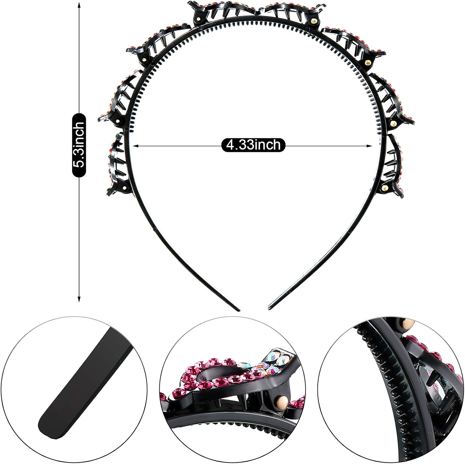 6 Pieces Double Layer Twist Plait Headband Double Bangs Hairstyle Hairpin Hollow Woven Headband with Clips Hollow Braided Hair Bands Zircon Beaded Headbands for Hair Accessories, 6 Colors - Image 3