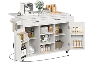 RALGEND Kitchen Island with Power Outlets & Drop Leaf, Kitchen Cart with Storage, Drawer and Spice Rack, Tower Rack, Island Table, White