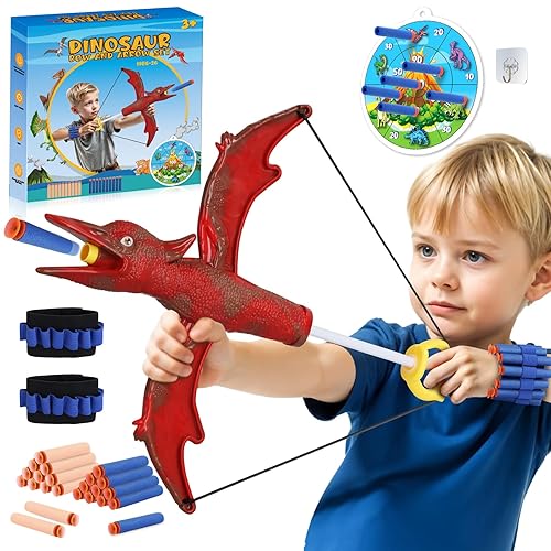 Britik Bow and Arrow Set Toys for Boys 5-12 Year Old: Dinosaur Archery Set Toy Foam Blaster Sets Gifts for 5 6 7 8 9 10 11 12 Years Old Kids Birthday Presents Outdoor Garden Target Game Toys Red