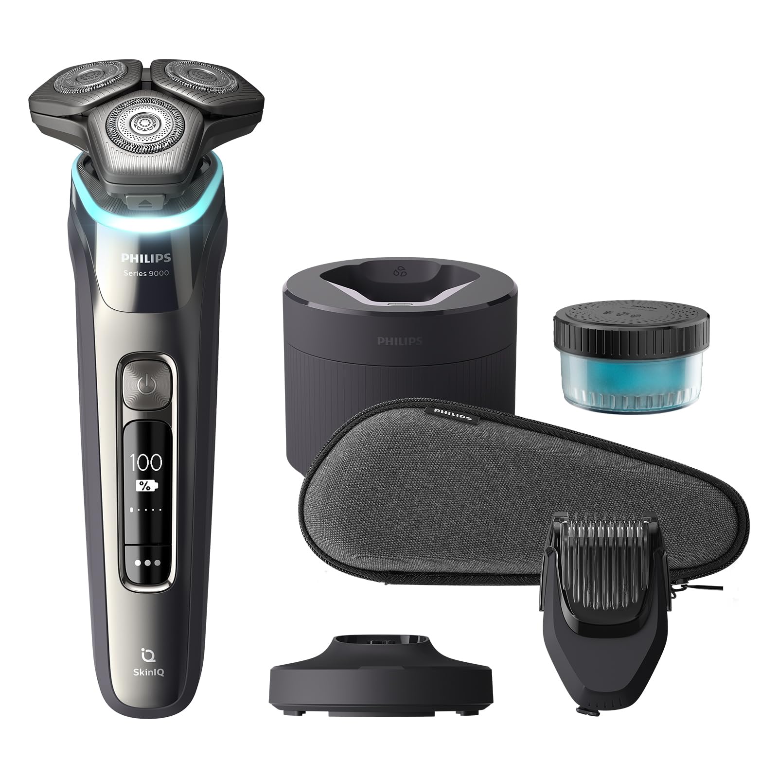 Philips Shaver Series 9000, Wet and Dry Electric Shaver, Dark Chrome, with Lift & Cut Shaving System and SkinIQ Technology, Pop-up Trimmer, Beard Styler, Cleaning Pod, Charging Stand, Model S9987/59