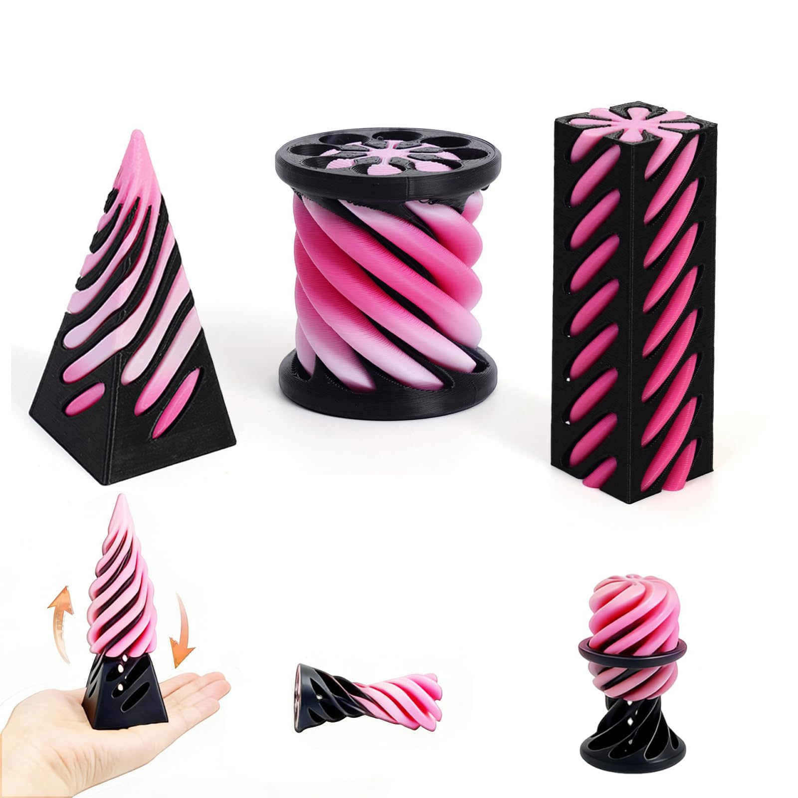 3D Printed Impossible Cone Fidget Toys Set, 3PCS Spiral Cone, Pyramid and Cylinder Passthrough Sculpture, Vortex Illusion Stress Relief Toys for Adults, Cool Desktop Decorations Gifts (Style D)