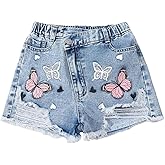 BEAUDRM Girl's Butterfly Print Ripped Denim Shorts Y2k Distressed Elastic Waist Jeans