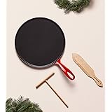 Le Creuset Enameled Cast Iron Crepe Pan with Rateau and Spatula, 10.75", Cerise