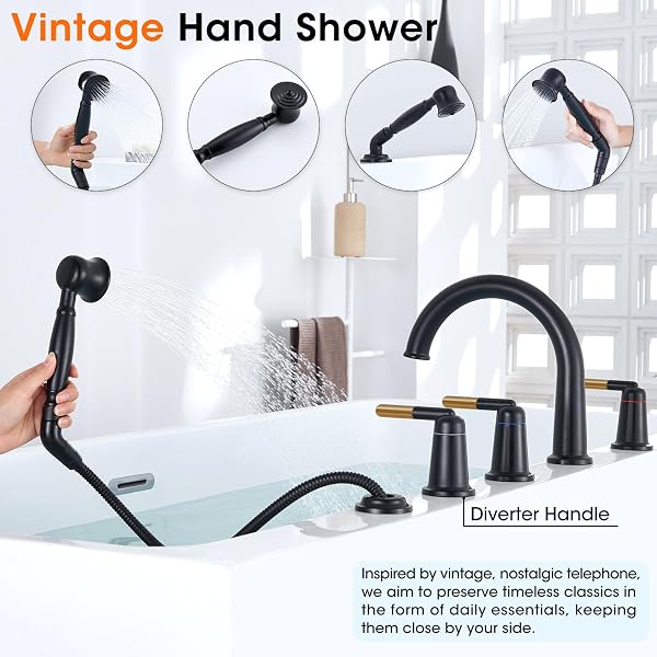 WINTAP BLACK & ROSE GOLD ROMAN BATHTUB FAUCET SET WITH HAND SHOWER & BRASS VALVE 5 HOLE 3 HANDLE WIDESPREAD DECK MOUNT TUB FILLER CLASSIC VINTAGE HIGH ARC GOOSENECK SPOUT TUB FAUCETS