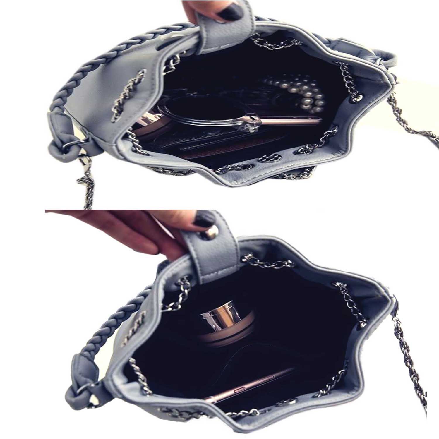 di grazia womens shoulder sling bucket cross body bag (black, black-silver-chain-bucket-handbag)