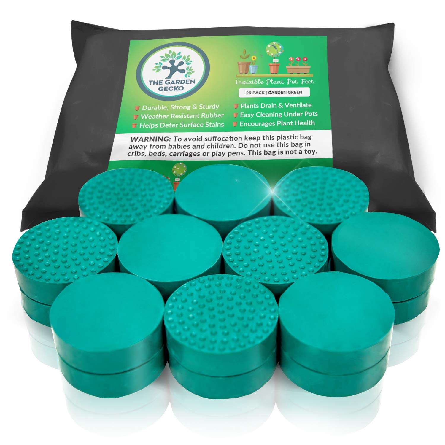 The Garden Gecko Invisible Pot Feet – Heavy-Duty EPDM Rubber Pot Risers for outdoor plant pots and flower pots – Non-Slip Grip & Enhanced Drainage – 20 Pack | GARDEN GREEN