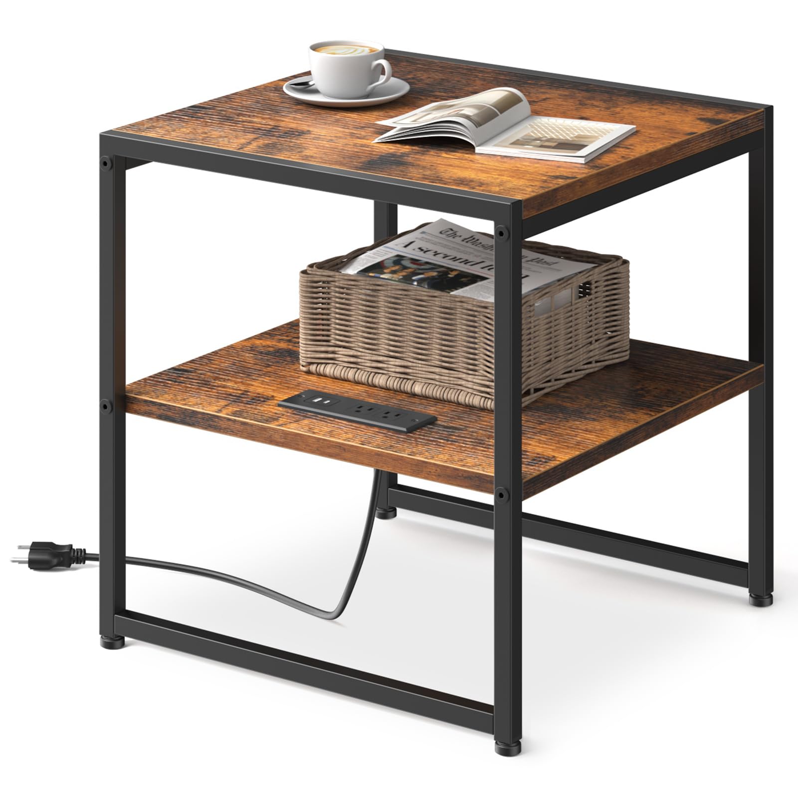 Photo 1 of Tatub 20" End Table with Charging Station, Industrial Square Side Table with USB Ports & Outlets, Versatile 2-Tier Small Nightstand for Bedroom Living Room, Rustic Brown