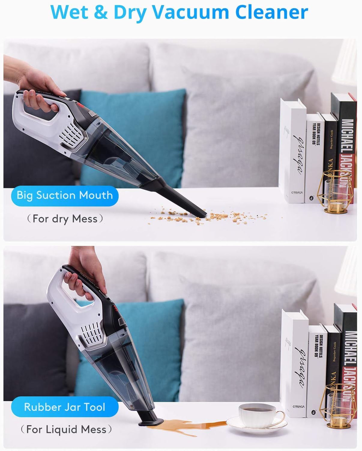 Homasy Handheld Vacuum Cordless, 8Kpa Hand Vacuum with Powerful Cyclonic Suction, Portable Vacuum Cleaner with Long Lasting up to 30mins (Wet&Dry, 3H Charging) for Pet Hair, Dust, Gravel, Home Cleaning -