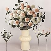 Beige White Faux Kiku Flower 25 Heads+18 Eucalyptus, Long Stem Pom Pom Fake Mums Artificial Flowers for Vase Silk Chrysanthemum for Centerpiece Bouquet Floral Arrangement Tan Nude Neutral Cream