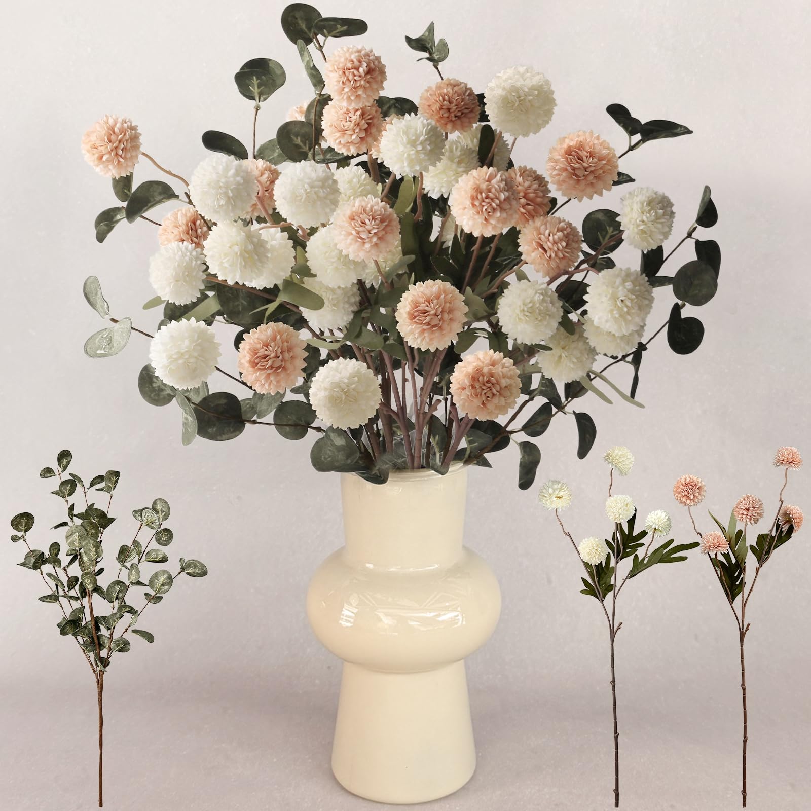 Photo 1 of 7Pcs Beige White Faux Kiku Flower 25 Heads+18 Eucalyptus, Long Stem Pom Pom Fake Mums Artificial Flowers for Vase Silk Chrysanthemum for Centerpiece Bouquet Floral Arrangement Tan Nude Neutral Cream