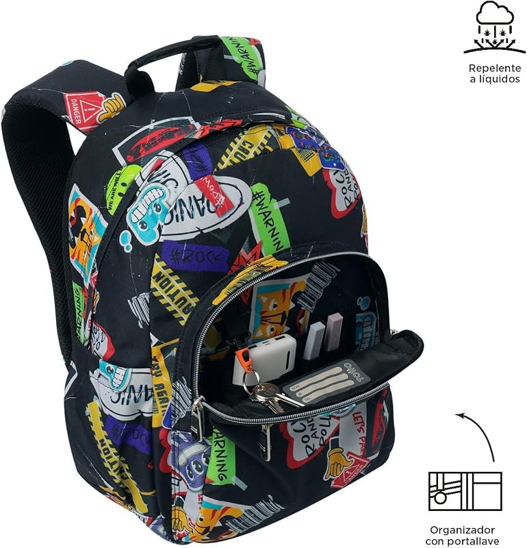 - Mochila escolar, modelo de elásticos, mochila média, capacidade de 15 L, bolso para PC de 14", bolso para garrafa, encosto ergonómico para fluxo de ar, correias em S confortáveis, impressão pegajosa