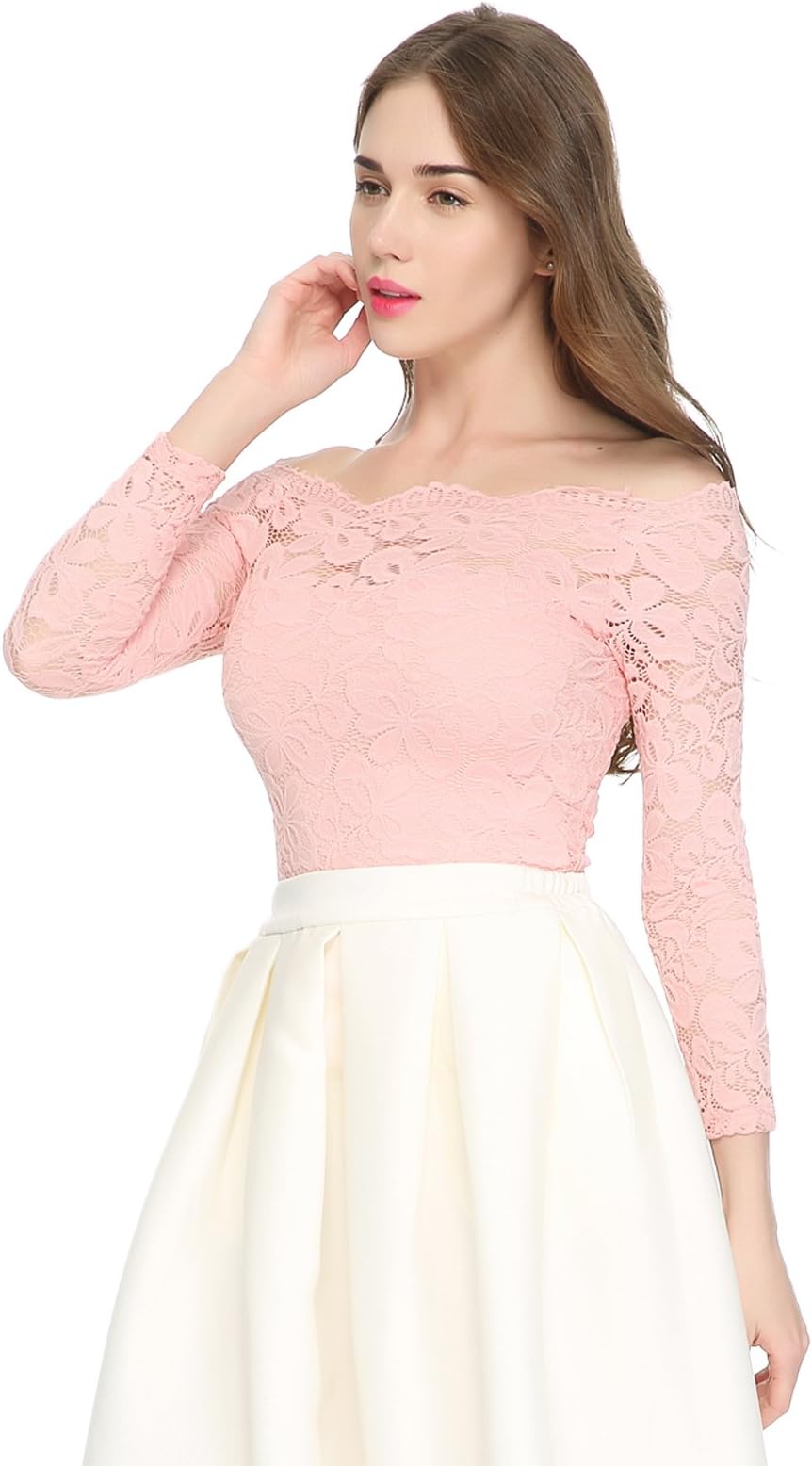 Women's Off Shoulder Long Sleeves Floral Lace Twin Set Top Blouse