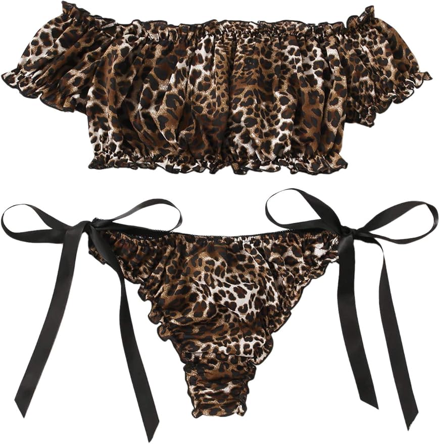SheIn Women's Leopard Print Ruffle Short Sleeve Lingerie Set with Side
