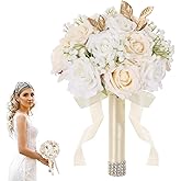 Qeedy Wedding Bouquets for Bride - Realistic Silk Flowers Artificial Roses, 9 Inch Bridesmaid Bouquet for Ceremony, Church, Anniversary, and Home Decoration (White & Champagne)