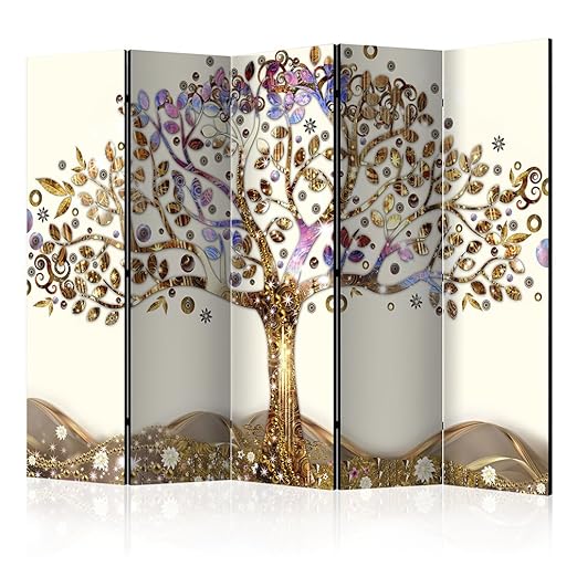 decomonkey Paravent Raumteiler XXL Einseitig Baum 225x172 cm 5 TLG. Trennwand Vlies Leinwand Raumtrenner Sichtschutz spanisch