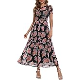 Summer Floral Mesh Maxi Dresses for Women 2025 Sexy Crew Neck Flowy Swing Long Work Cocktail Dress for Wedding Guest