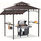 GIODIR 8x8x5 FT BBQ Grill Gazebo Outdoor, Double Tired Patio Canopy Tent with Side Awning Shelves, Barbecue Shelter with 14 Hooks and Bottle Opener for Backyard Garden Poolside, Brown
